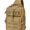 A tan multi-compartment crossbody and chest bag with adjustable straps and webbing.