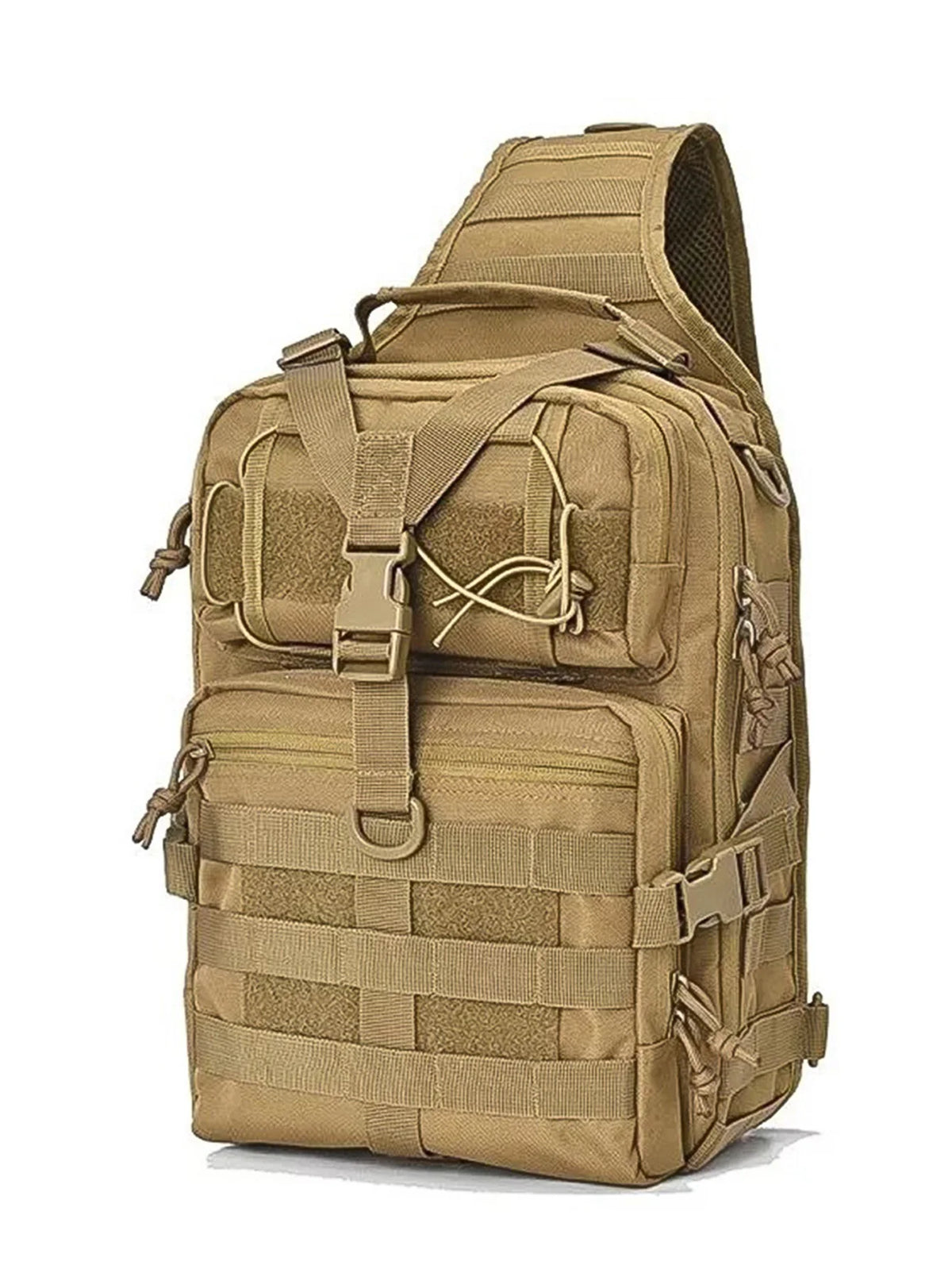 A tan multi-compartment crossbody and chest bag with adjustable straps and webbing.