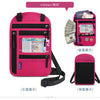 A pink RFID blocking neck wallet shown in various views, including front and back.