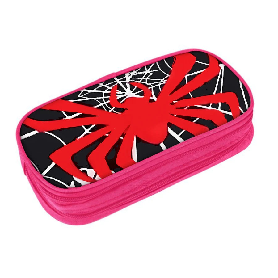 A pink pencil case with a black and red spider web design on the lid.