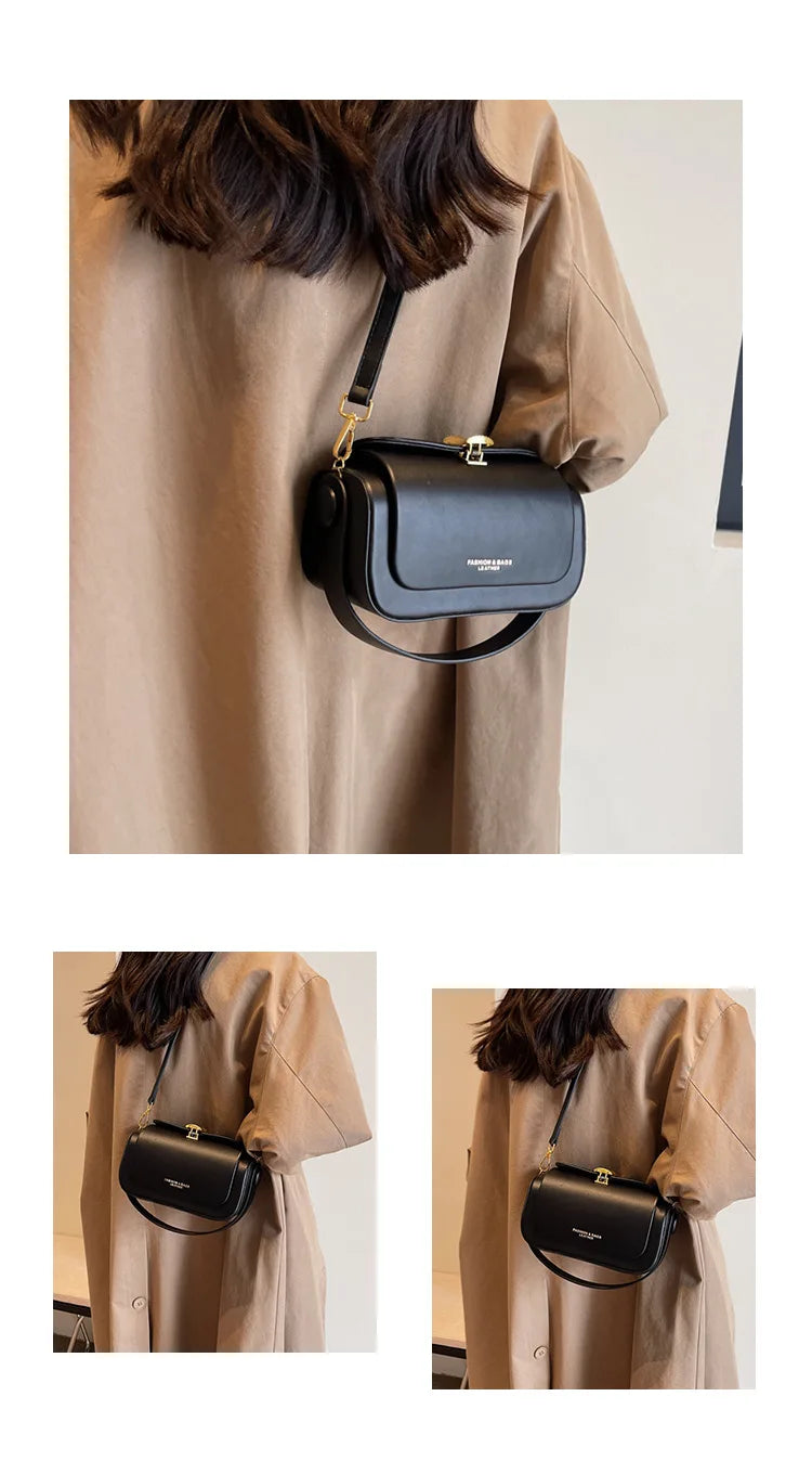 A black textured leather shoulder bag with a gold chain strap is shown being carried by a person wearing a beige trench coat.