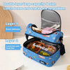 A double-layer insulated lunch bag featuring blue cartoon prints, designed for storing lunch boxes and snacks.