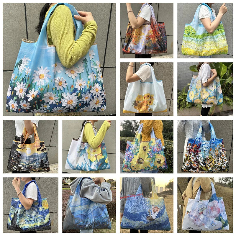 A collection of colorful and patterned foldable nylon shopping totes displayed in various colors and styles.