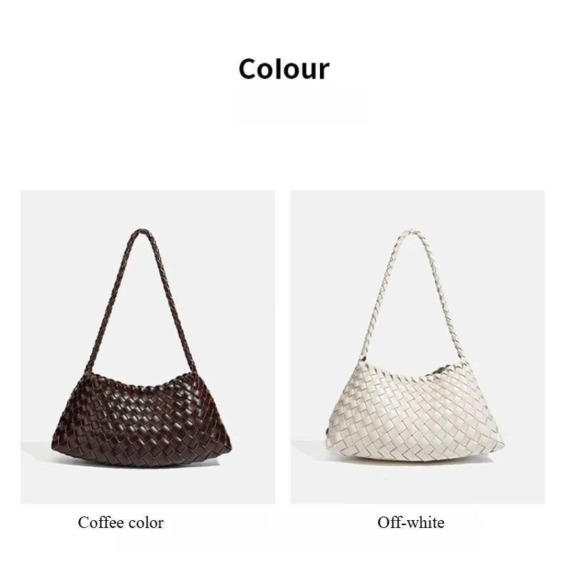 Handwoven PU shoulder bag in coffee color and off-white colors.