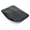 A black genuine leather slim card holder wallet shown from above.