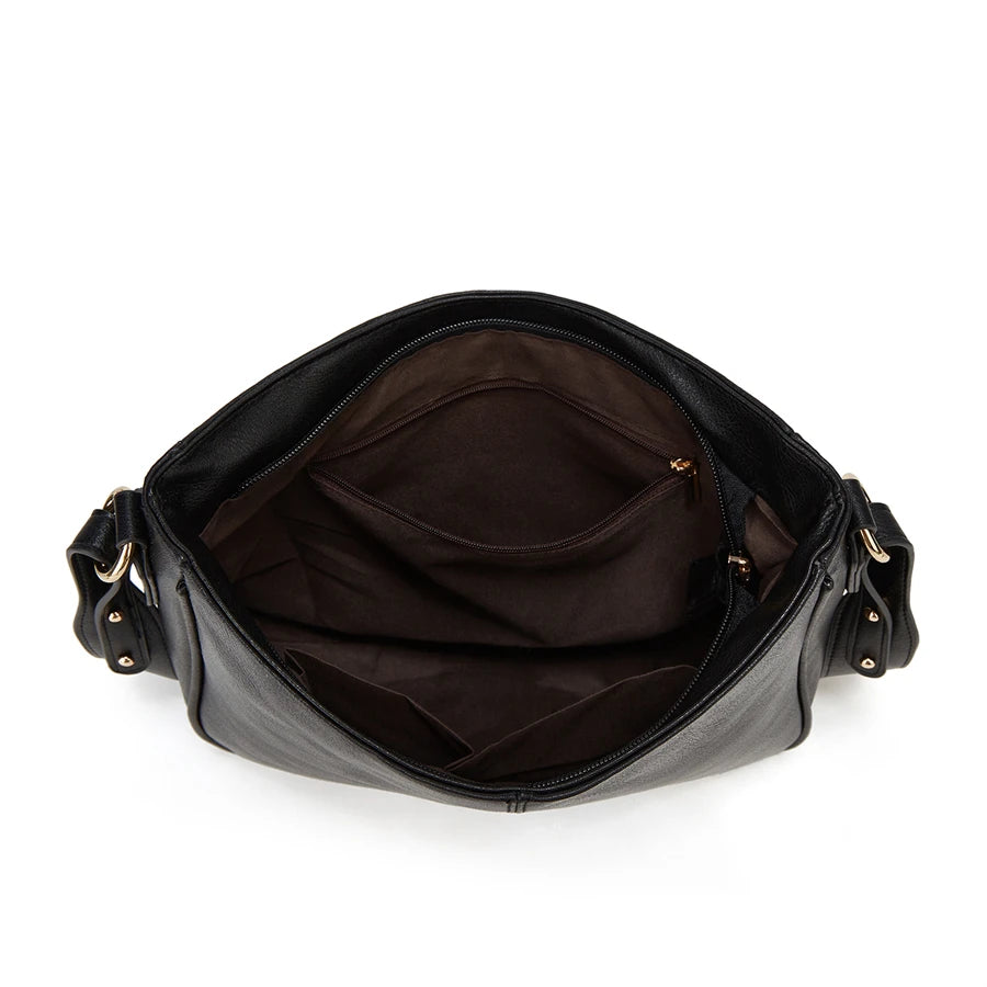 A black PU leather shoulder crossbody bag with a flap closure shown from the top view.