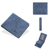 Portefeuille fin bleu marine avec clips pour cartes et porte-cartes assorti, vues variées.