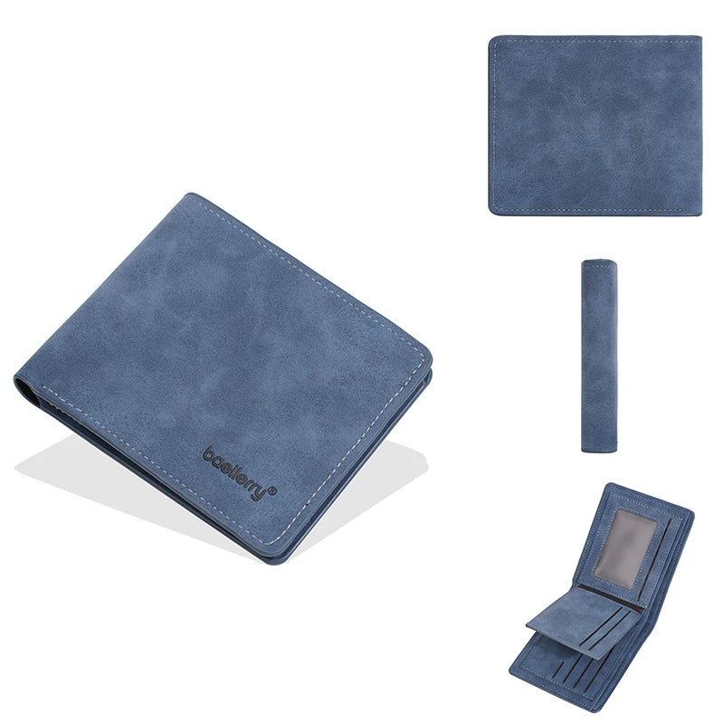 Portefeuille fin bleu marine avec clips pour cartes et porte-cartes assorti, vues variées.