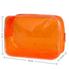 An orange transparent PVC travel makeup bag with a zipper closure, shown from the top view.