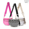 Four neon pink, black, and beige nylon crossbody bags displayed with their matching straps.