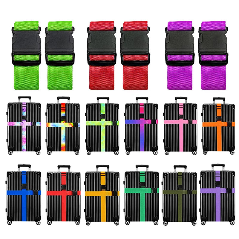 A collection of black and colored adjustable luggage straps for suitcases.