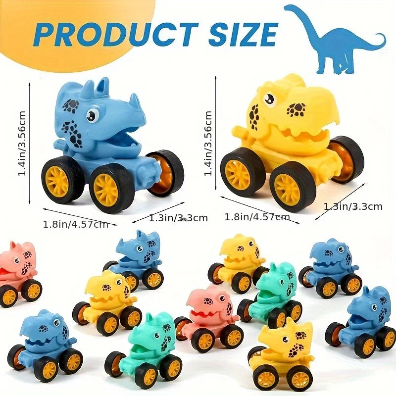 A collection of mini pull-back dinosaur cars in various colors and sizes, including blue, yellow, green, and pink.