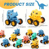 A collection of mini pull-back dinosaur cars in various colors and sizes, including blue, yellow, green, and pink.