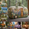 A collection of quilted travel duffel bags in various floral patterns and colors.