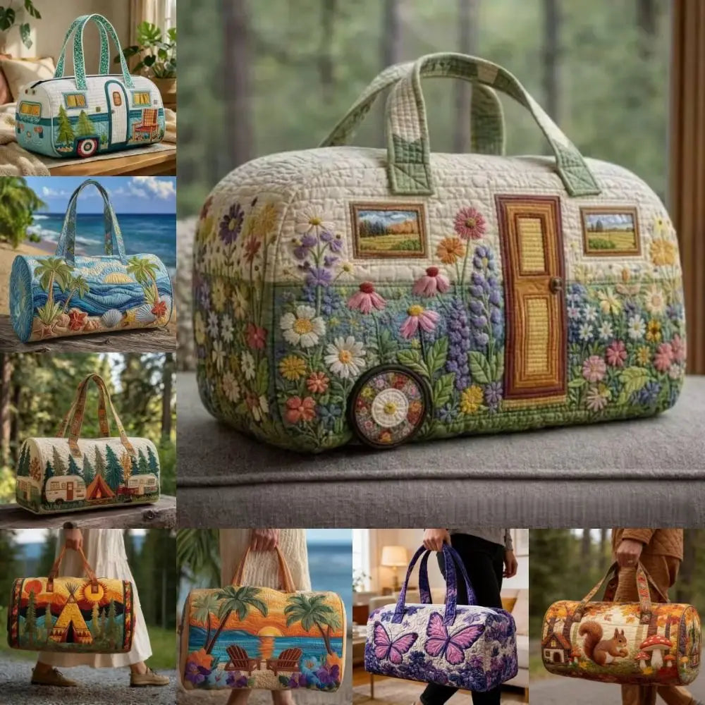 A collection of quilted travel duffel bags in various floral patterns and colors.