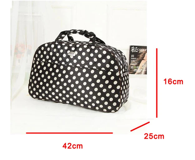 A black PU leather travel duffel bag with white polka dots shown from the top view.