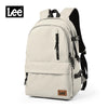 A beige Lee oxford school backpack with a black strap and laptop sleeve.