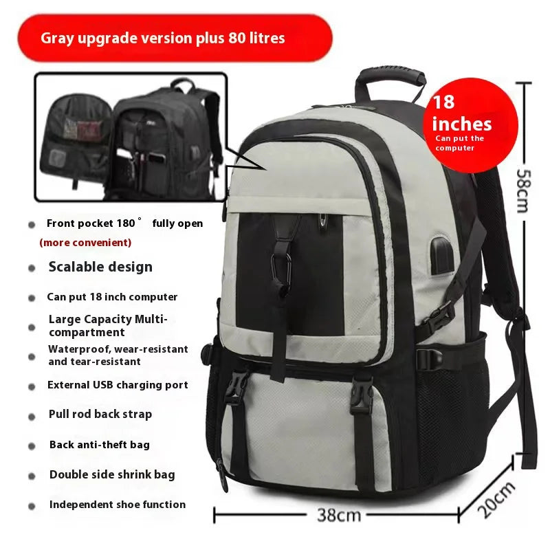 Gray upgrade version plus 80 liters backpack shown with features like a front pocket and USB charging port