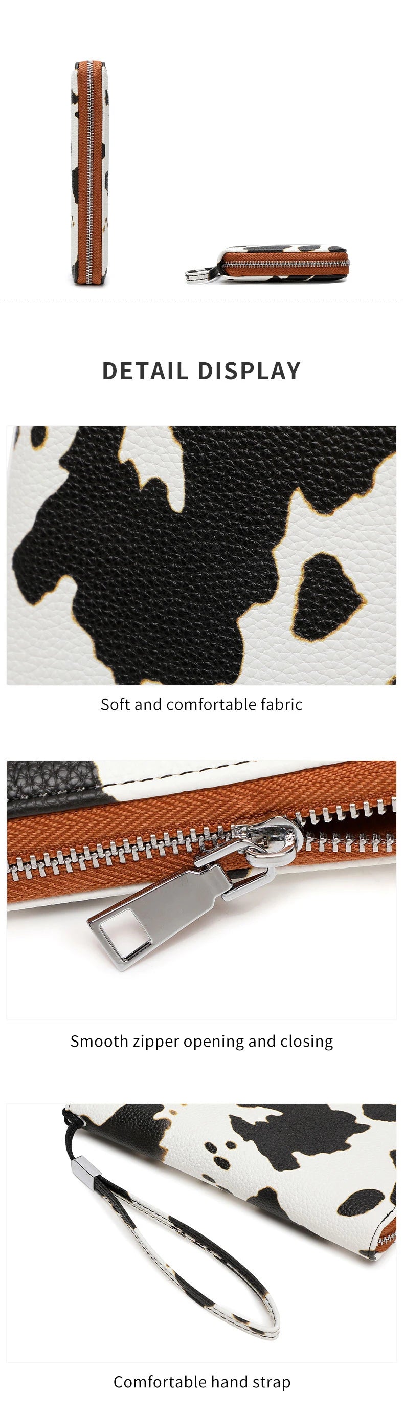 Detail display of a women's PU leather zipper wallet showing the fabric texture and hardware.