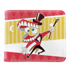 Rotes und gelbes gemustertes PU-Leder-Klappwallet mit einer Cartoon-Figur mit Zylinder.