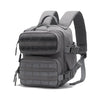 Gray tactical MOLLE backpack with shoulder straps shown from the top view