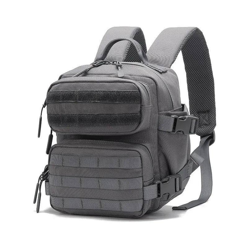 Gray tactical MOLLE backpack with shoulder straps shown from the top view