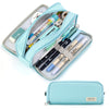A light blue pencil case is open, showing various pens and pencils inside.