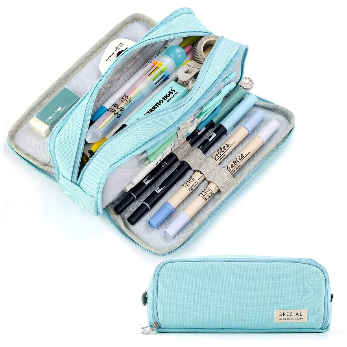 A light blue pencil case is open, showing various pens and pencils inside.