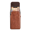 A brown leather belt loop phone case for an iPhone, shown in a vertical orientation.