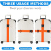 Three usage methods shown for adjustable luggage straps: vertical, horizontal, and cross ways.