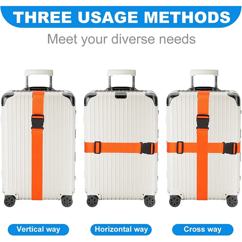 Three usage methods shown for adjustable luggage straps: vertical, horizontal, and cross ways.