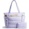 A light purple quilted puffer tote bag with pockets and a matching pouch shown from the front.