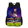 Black backpack featuring a graphic of a soccer player celebrating on a green field.