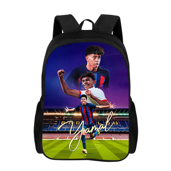 Black backpack featuring a graphic of a soccer player celebrating on a green field.