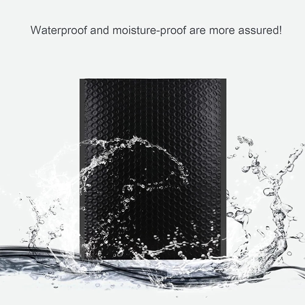 A black bubble mailer is shown being tested for waterproof and moisture-proof qualities with water splashing around it.