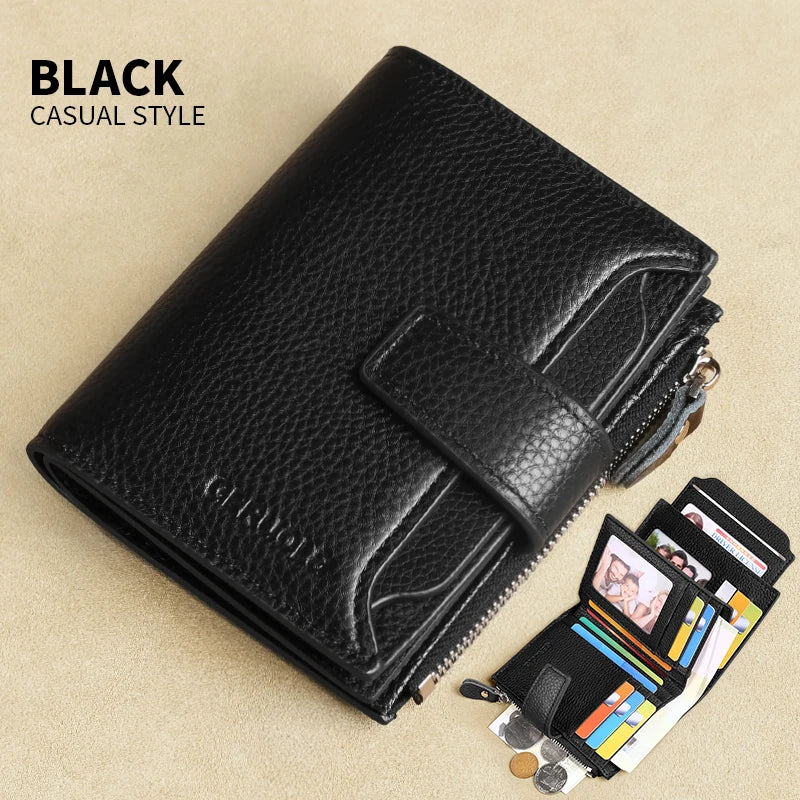 Black casual style leather wallet with RFID blocking features and cards