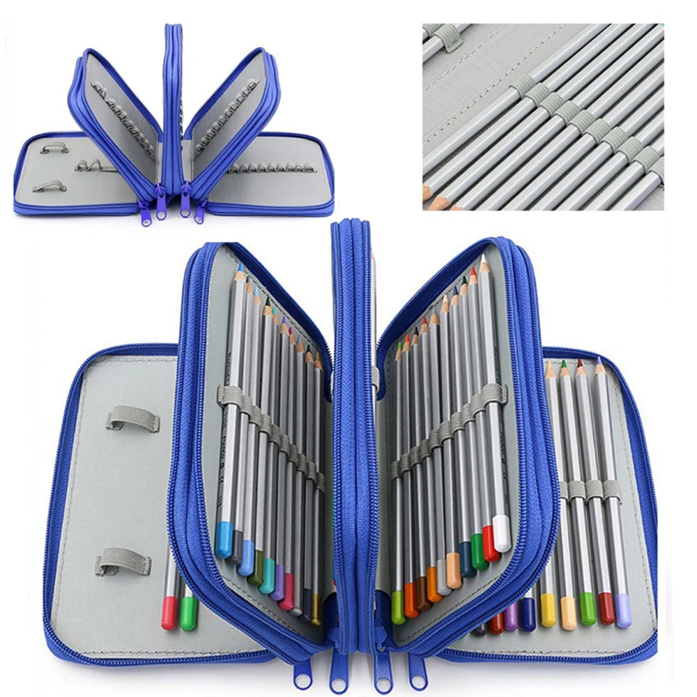 A large capacity pencil case with 72 slots and dividers shown in various open and closed views.