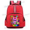 A red cartoon anime backpack featuring a pink character with large ears and the text Just a Girl who loves Sprunk