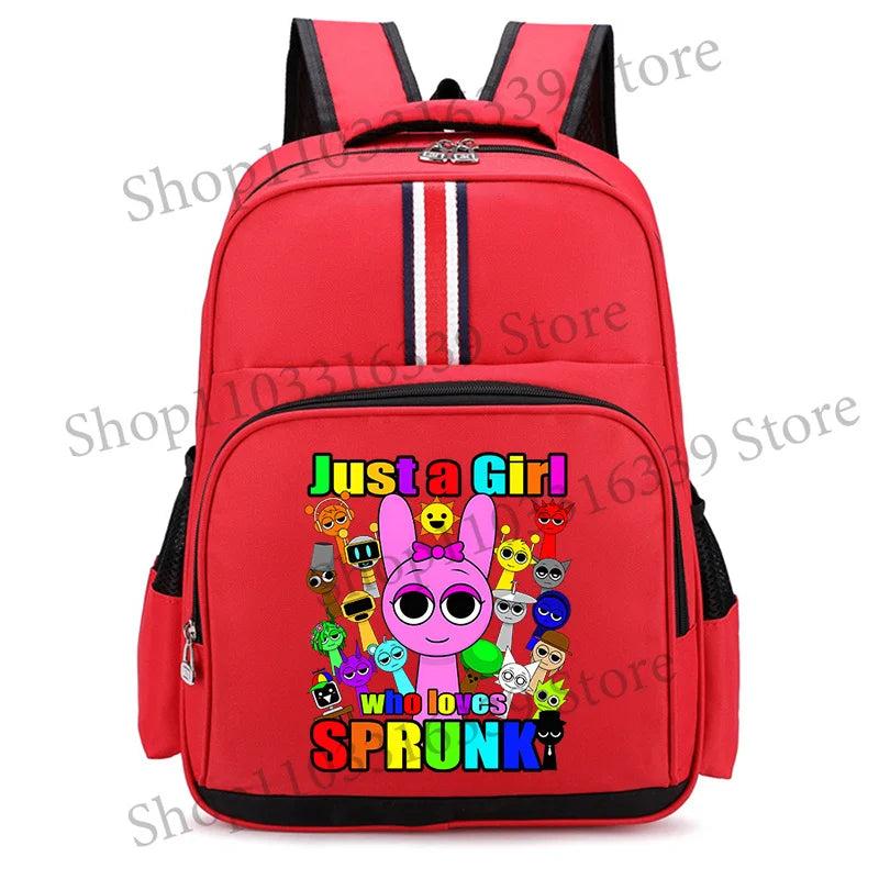A red cartoon anime backpack featuring a pink character with large ears and the text Just a Girl who loves Sprunk