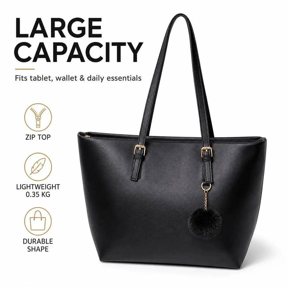 Bolso tote de cuero PU negro con dije dorado y detalle de pompon negro