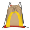 A beige drawstring bag with a yellow arch design and red trim.