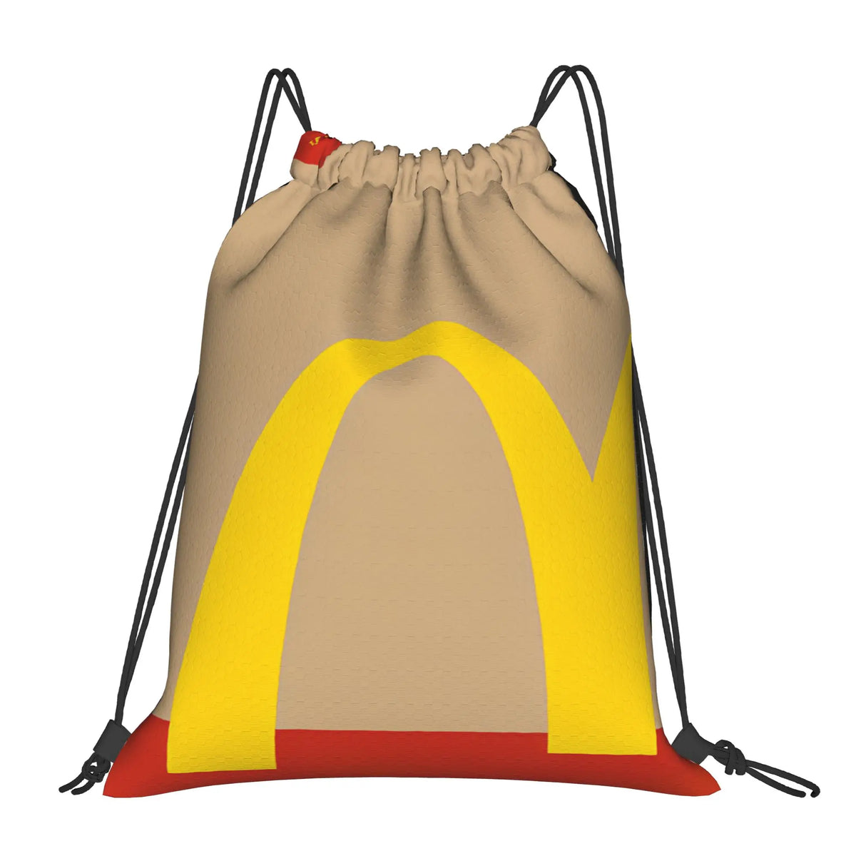 A beige drawstring bag with a yellow arch design and red trim.