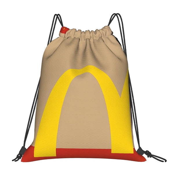 A beige drawstring bag with a yellow arch design and red trim.