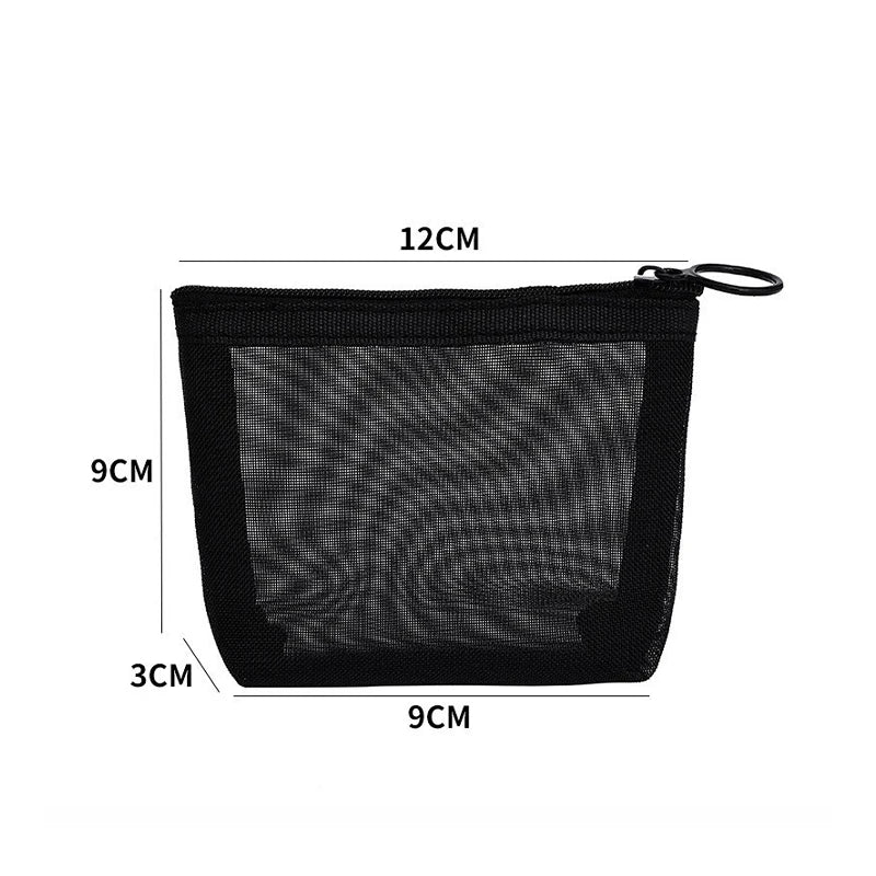 Black clear PVC toiletry bag with a zipper closure, shown with dimensions.