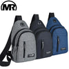 A set of three dark gray and blue water-resistant casual chest bags with zippered pockets and shoulder straps.