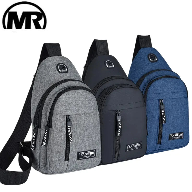 A set of three dark gray and blue water-resistant casual chest bags with zippered pockets and shoulder straps.