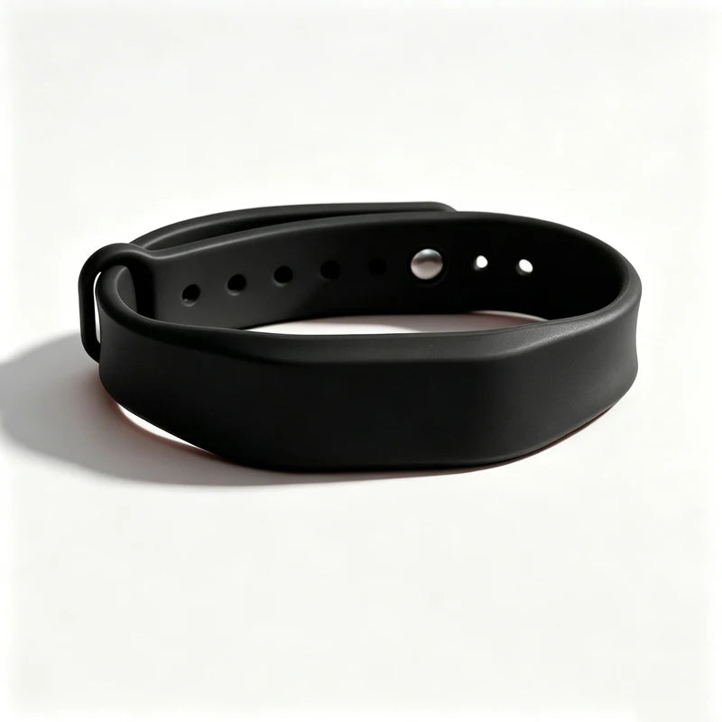 Un bracelet de silicone noir avec plusieurs trous et une petite ouverture circulaire, sur fond blanc.