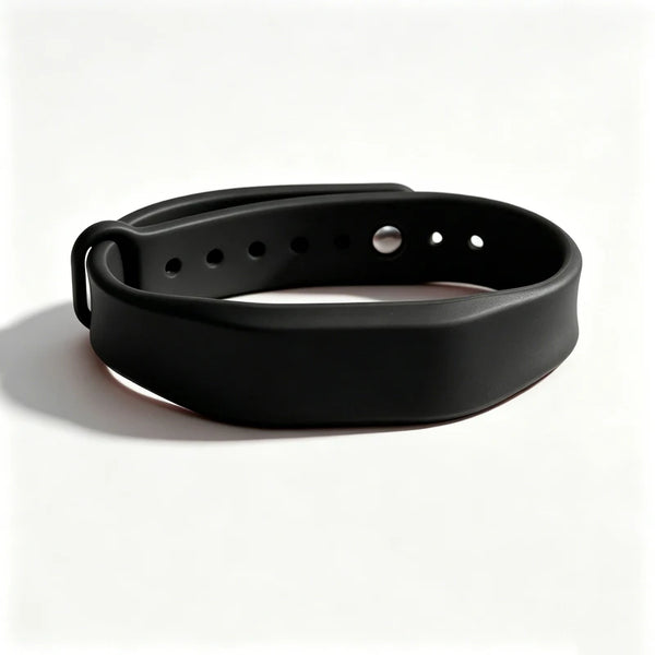 A black silicone wristband with multiple holes and a small circular opening, shown against a white background.