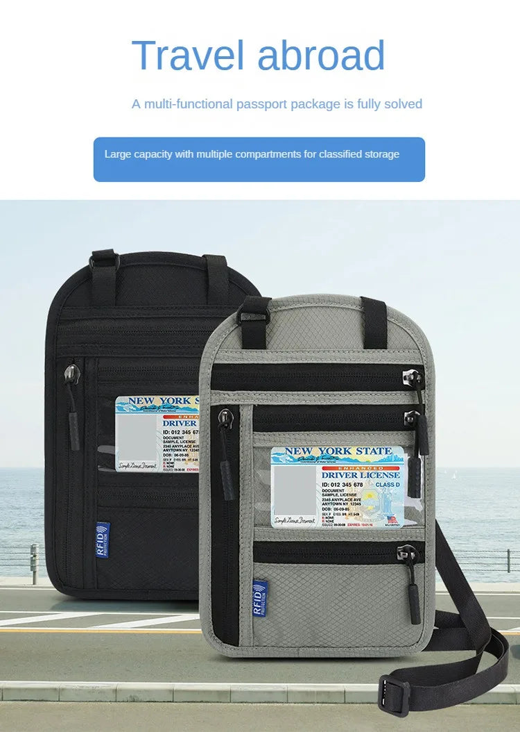 A gray RFID blocking neck wallet is shown next to a black travel bag on a paved surface.
