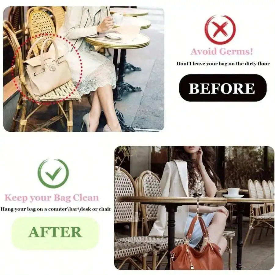 Before and after comparison showing a bag on a dirty floor versus a clean bag on a counter.